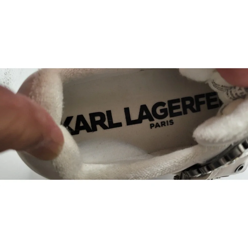 White Leather With Crystal Trim Buckle Karl Lagerfeld Platform Sneakers Size 6.5